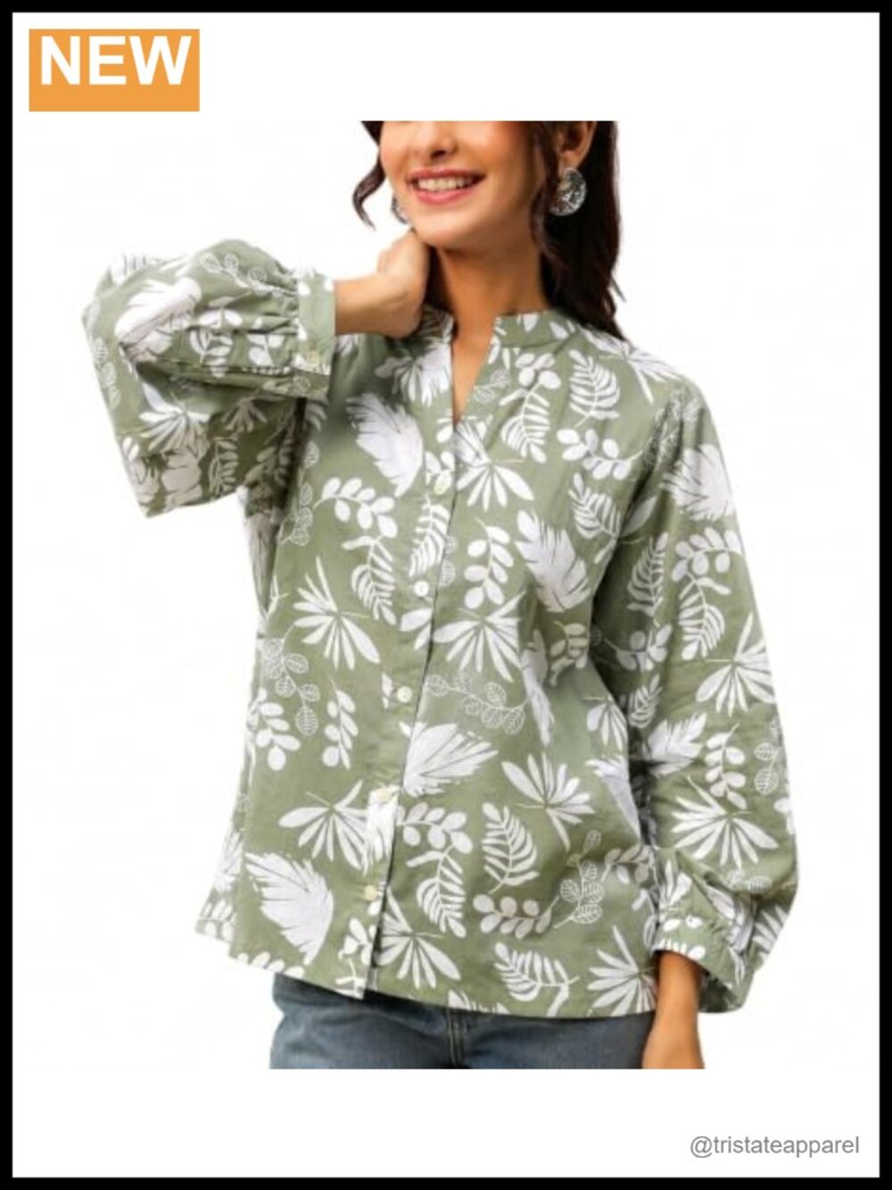 Women's Cotton Leaf Print Tunic, V-Neck Button Down, Empire Waist Blouse
